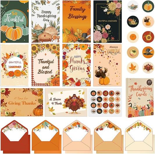 40 Pack Thanksgiving Cards with Envelopes, 4 x 6 in Bulk Thanksgiving Cards with Stickers, 10 Designs Thanks & Blessings Greeting Card Boxed for Fall Autumn Holiday Parties Celebrate the Harvest