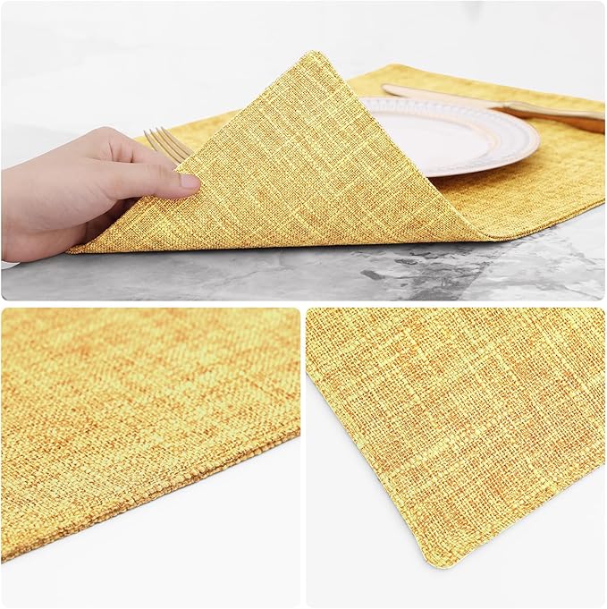 homing Cotton Linen Placemats Set of 8, Cloth Washable Farmhouse Dining Table Mats for Indoors & Outdoors, Easy to Clean, Mustard Yellow, 13 x 19 Inch