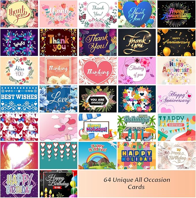 64 Pack All Occasion Cards Assortment Box with Envelopes & Stickers, 4×6 Inch Assorted Blank Greeting Cards for Birthday, Holiday, Love, Anniversary, Thinking of You, Thank You Cards