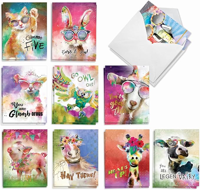 The Best Card Company - 20 Assorted Bulk Animal Cards Boxed (4 x 5.12 Inch) (10 Designs, 2 Each) - Sassy Animals AM8850OCB-B2x10