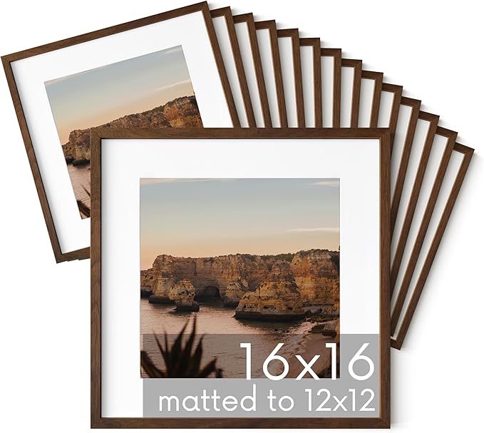 HAUS AND HUES Walnut Oak Wood 16x16 Picture Frames - Set of 15, Square Frames with Mat, Premium Frames for Gallery Walls (16x16 in, Walnut, Set of 15)