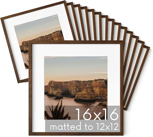 HAUS AND HUES Walnut Oak Wood 16x16 Picture Frames - Set of 15, Square Frames with Mat, Premium Frames for Gallery Walls (16x16 in, Walnut, Set of 15)