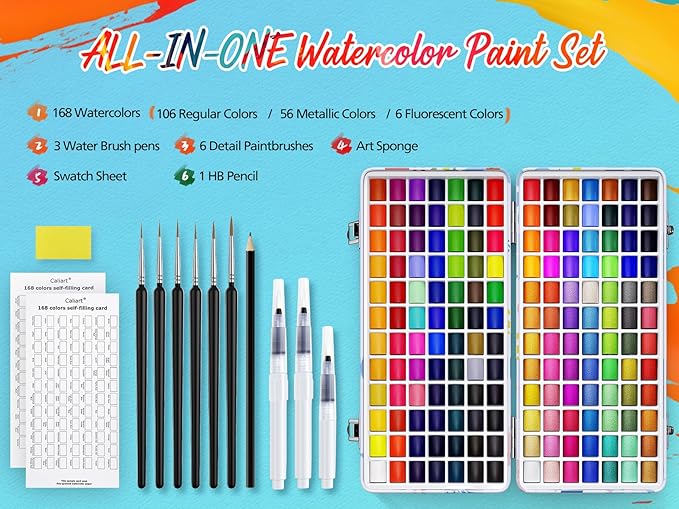 Caliart Watercolor Paint Set, 168 Colors Portable Travel Water Color Palette Kit with Detail Paint Brush, Art Supplies for Painting Coloring, Christmas Gifts for Artist Adult Teen Girls Boys Beginners