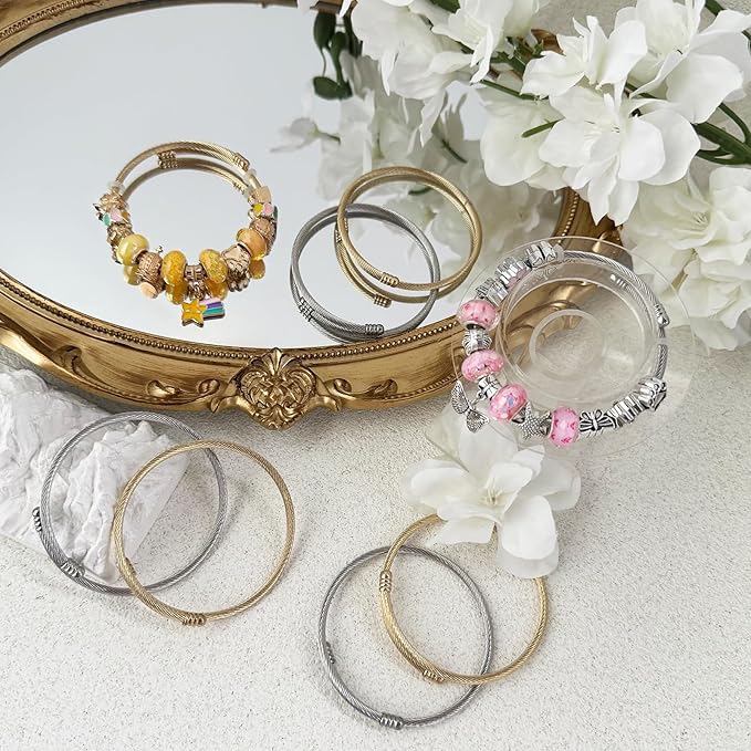 Exway 10 Pcs Elastic Charm Bracelet Chain Stainless Steel Cable Wire Twisted Cuff Bangle Bracelet Gold and Sliver Charm Bracelets Kit for Crafts DIY Women Jewelry Making