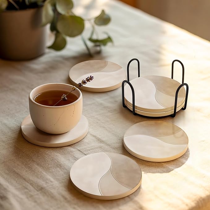VEYRO Ceramic Coasters Set of 4 – Absorbent Stone Drink Coasters with Holder, Non-Slip Cork Backing, Modern Marble Look Coasters for Coffee Table, Desk & Home Decor
