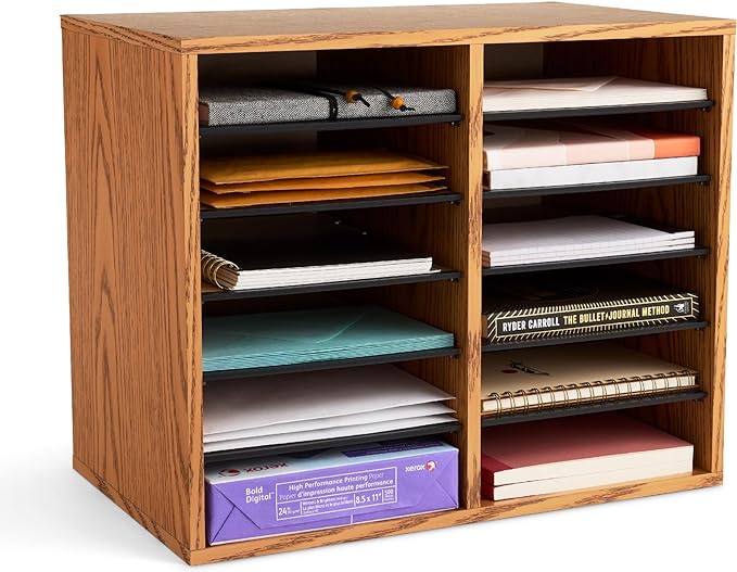 Safco 9420MO Adjustable Literature & Paper Organizer, 12 Compartment Mailbox Cubby, Great for Home, Office, Classroom Organization, Medium Oak Wood , Durable Construction, Removable Shelves