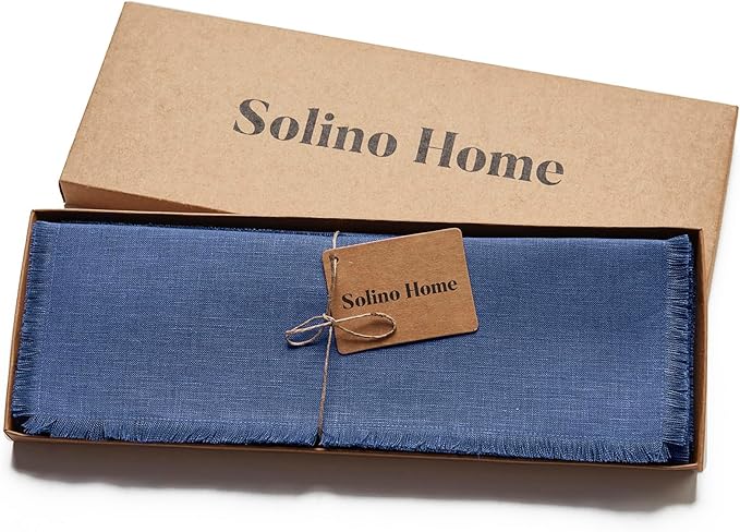Solino Home Fringe Linen Placemats Set of 4 - Vintage Blue Placemats 14 x 19 Inch - 100% Pure Linen Table Mats for Winter, Spring, Easter