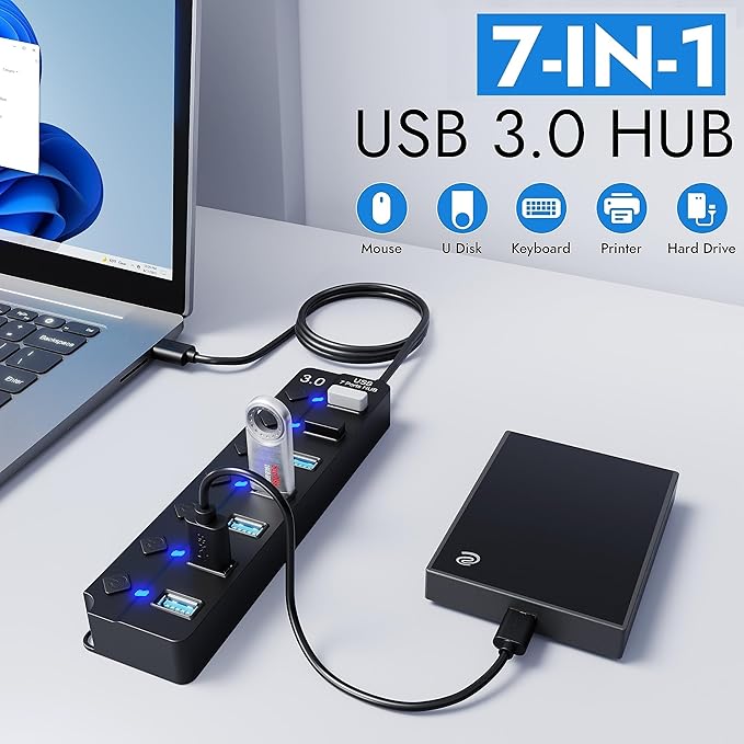 7-Port USB Hub 3.0 with 3.2ft Long Cable – Multi USB Port Hub Splitter with Individual On/Off Switches and Lights – High-Speed USB Multiport Adapter for Laptop, MacBook, Desktop, PC, Mac, PS5