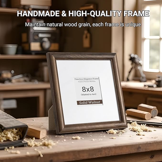 Heimlove 8x8 Picture Frame,8 x 8 Natural Solid Walnut Wood Square Frame with Tempered Glass,8"x8" Handcrafted Wood Frame Matted to 4x4 Photos for Wall or Tabletop Art Photo and Prints,3 Pack