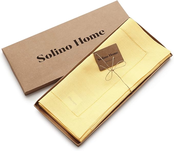 Solino Home Linen Yellow Table Runner 120 Inches Long - 100% Pure Linen Hemstitch 14 x 120 Inch Table Runner for Dining, Valentines, Spring, Easter - Classic Hemstitch