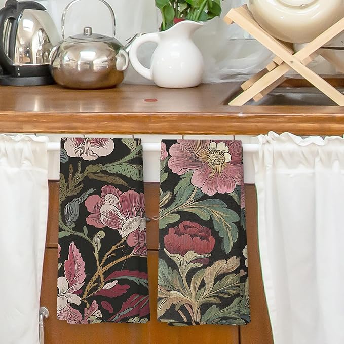Vintage Boho Floral Kitchen Dish Towels Set of 2, Retro Wildflower Mid Century Botanical Cottagecore Dark Academia Hand Towels Kitchen Bathroom Farmhouse Tea Towels Decorations, 16x24inch