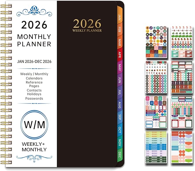 2026 Planner, Weekly and Monthly Planner, January 2026 - December 2026, Calendar Planner A5 (6.5" x 8.5") with Tabs With 8 stickers, Inner Pocket for Home School Office Supplies (Black)