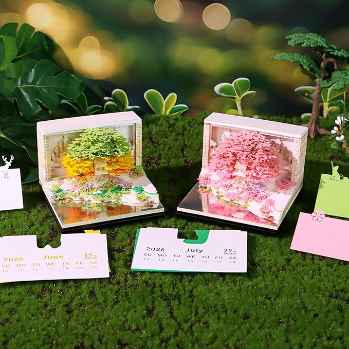 3D Calendar 2026, Flower Sea and Tree Island Time Piece Calendar 2026, Daily Tear-Off Memo Pad with LED Glow, Paper Carving Desktop Decoration, Unique Holiday & New Year Paper Craft Gift, Pink
