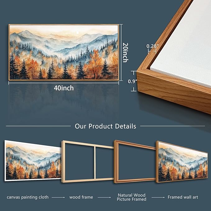KELIYUAN Panoramic Wall Painting Canvas Wall Art For Living Room Large Wall Decor For Bedroom Abstract Mountain Forest Painting Pictures Office Decor Modern Room Home Decor Wood Framed 20"X40"