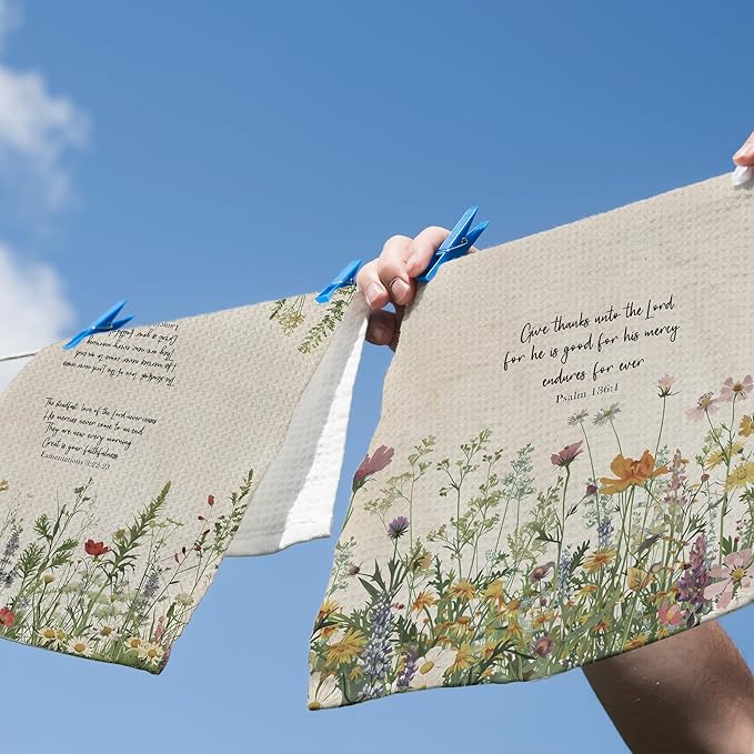 Vintage Floral Christian Kitchen Dish Towels, Christian Gifts for Women, Retro Wildflower Bible Religious Scripture Hand Towels Kitchen Tea Towels Decorations, 16x24inch Set of 2