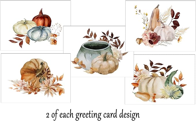 Vintage Autumn Harvest Greeting Cards - Set of 10 All Occoassion 5x7 Note Cards with Envelops Blank Inside. Rustic Watercolor Designs of Fall Flowers, Pumpkins and Leaves.