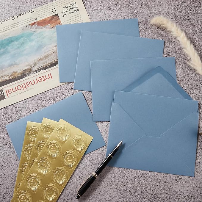 50 Pack Dusty Blue A6 Envelopes with Cards 4x6 Thick Folded Cardstock and Gold Stickers for Greeting Cards, Wedding, Birthday, Invitations, Baby Showers (Dusty Blue, 4x6)