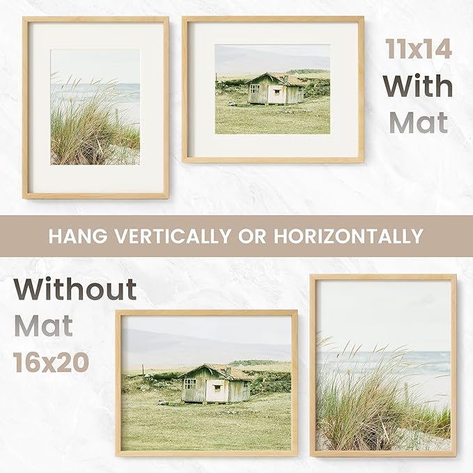 16 x 20 Picture Frame, USA-Sourced Natural Beech Wood Photo Collage Frame with HD Tempered Glass, Modern Simple 16x20 Wooden Frame Matted to 11x14, Vertical & Horizontal Wall Hanging Display