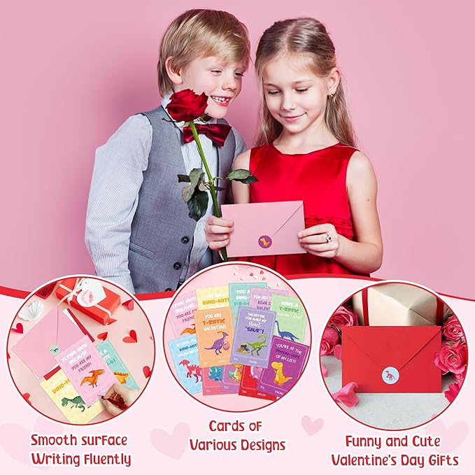 TICIAGA 24 Set Valentine's Day Dinosaurs Greeting Cards with Envelop Cartoon Dino Fill in Blank Sticker for Kids T-Riffic Notecard Exchange Gifts for Boys and Girls School Classroom Party Favors
