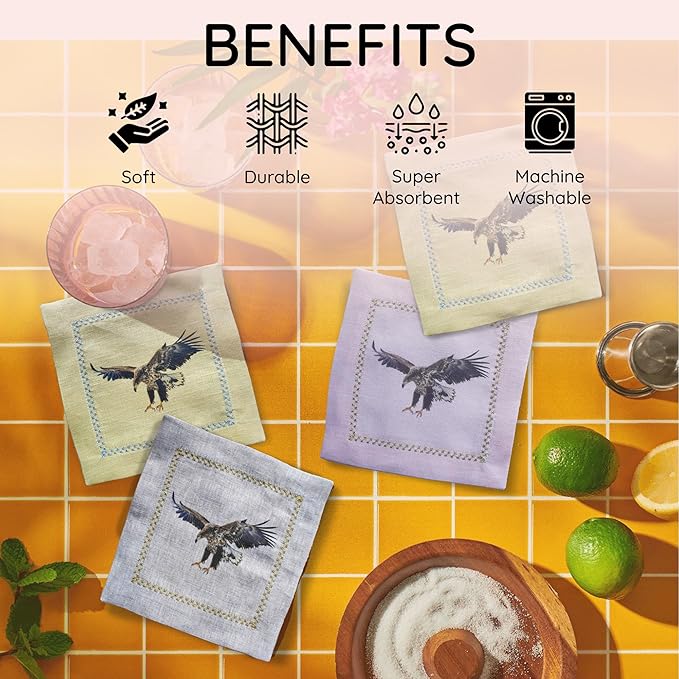 Cocktail Napkins Set of 6, 6x6 inch, 100% Linen, Printed Animal Pattern, Reusable & Washable Cloth Coasters for Beverages, Hosting, Gifting & Everyday Use (Eagle - Colorful)