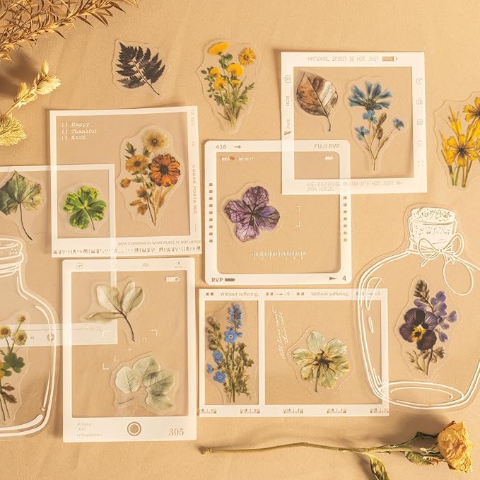 216PCS Scrapbook Stickers Set,Transparent Dried Flower Stickers for Journaling,Scrapbooking,Junk Journal Supplies,Photo Frame,Phone Case,Cups,Planner,DIY Craft(Dried Flowers)