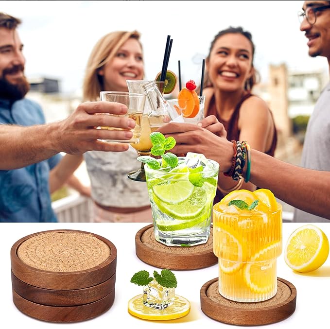 5 Pcs Best Absorbent Wooden Coasters Set - 4 Inches Brown Woven Coaster Modern Acacia Wood Coasters for Drinks, Coffee Table Decor, Farmhouse, Bar, Office, Beer, Kitchen, Dining Room, Outdoor, Desk