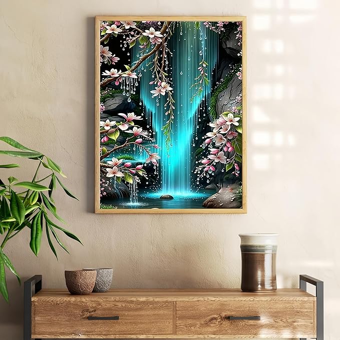 Diamond Art Kits for Adults Waterfall & Cherry Blossoms, DIY 5D Diamond Painting Kit for Beginners, Full Round Drill Gem Art Dots for Adults, Diamond Dots Paintings Crafts Home Wall Decor 12X16 Inch