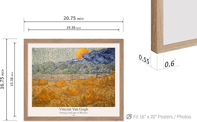 Monem Art Vintage Van Gogh Poster - Retro Evening Landscape at Moonrise Print - Impressionism Art - Fine Art - Classic Painting Art - Aesthetic Living Room Wall Decor - 16x20 Beige Framed