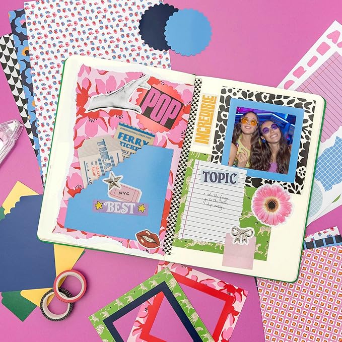 PAPERAGE Junk Journal & Scrapbook Kit, Hardcover Blank Journal Notebook, 20 Patterned Papers, 8 Sticker Sheets, 20 Die-Cut Shapes, 2 Washi Tapes & Tape Roller, Creative Journaling Supplies - Navy