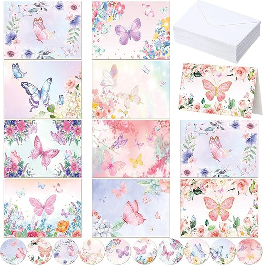 100 Pcs Butterfly Cards with Envelopes 4x6, Blank Note Cards and Envelopes Ideal Stationary Set for Spring Summer Easter, Assorted Butterfly Designs