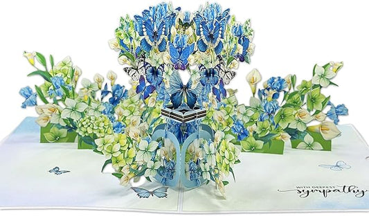 Sympathy 3D Pop-Up Card Hydrangea Flowers and Butterflies, Handmade Paper Condolence Card with Notecard and Envelope, Large Pop Up Greeting Card for Loss of Loved One, Mother, Father, Friend