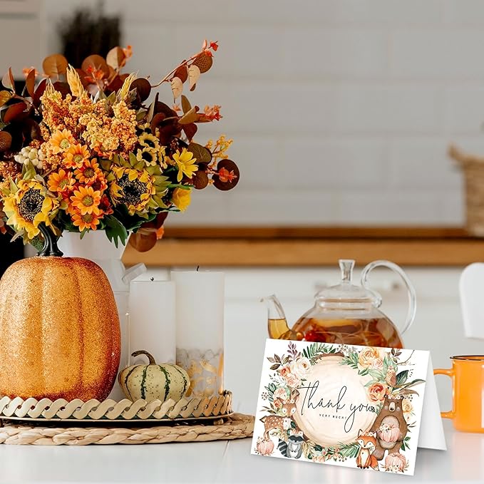 JarThenaAMCS 50 Pack Fall Woodland Thank You Cards Boxed Forest Animal Floral Pumpkin Greeting Cards with Envelopes Stickers Autumn Blank Note Card for Birthday Baby Shower, 4 x 6 Inch