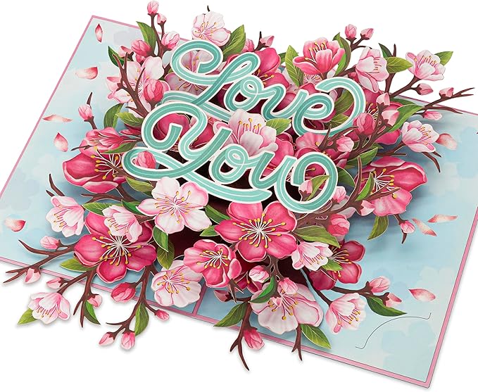 Floral Cherry Pop Up Cards, Love You, 3D Greeting Cards, Ideal Gifts for Birthday, Mothers Day, Valentines Day, Mom, Wife, Her, Girlfriend, Daughter, 5x7 - Includes Envelope And Message Note