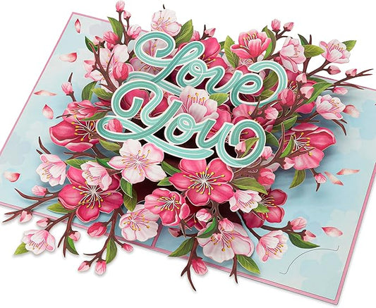 Floral Cherry Pop Up Cards, Love You, 3D Greeting Cards, Ideal Gifts for Birthday, Mothers Day, Valentines Day, Mom, Wife, Her, Girlfriend, Daughter, 5x7 - Includes Envelope And Message Note