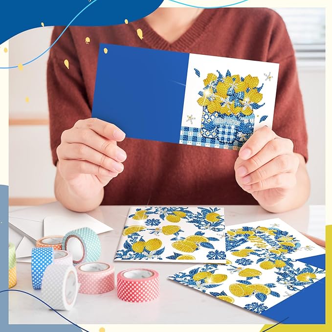 Saillong 12 Pack Capri Lemon Diamond Painting Greeting Card Kit with Envelopes Blue Yellow Lemon Diamond Art Cards 5D Rhinestones Painting Making Kits for Adult DIY Craft Family Friend Holiday Gifts