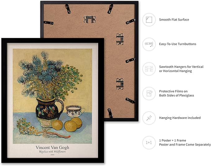 Monem Art Vintage Van Gogh Poster - Retro Majolica with Wildflowers Print - Impressionism Art - Flower Art - Fine Art - Classic Painting Art - Floral Living Room Decor - 8x10 Black Framed
