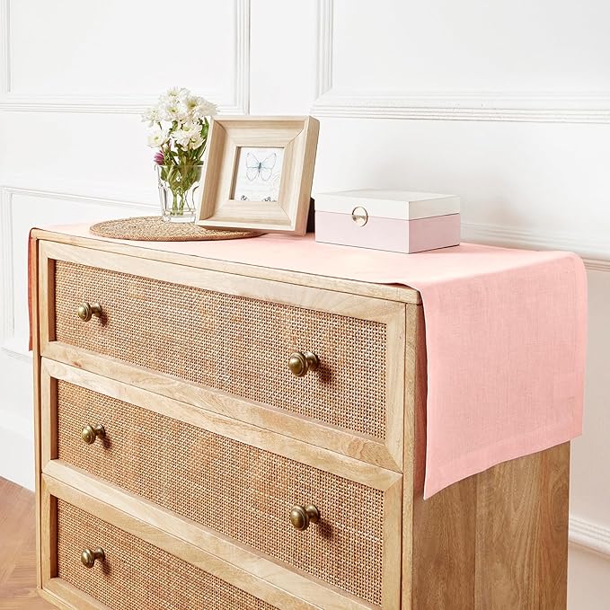 Solino Home Linen Table Runner 48 Inches - 100% Pure Linen Misty Pink Table Runner 14 x 48 Inch Ideal for Dresser and Coffee Tables, Valentines, Spring, Easter - Diana Medium Weight