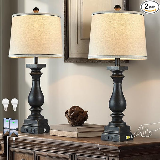 28" Tall Farmhouse Table Lamps Set of 2 with USB C+A Ports and AC Outlet, 3 Way Touch Control Rustic Bedside Lamp for Bedroom, Black Vintage Nightstand Lamp for Living Room Office
