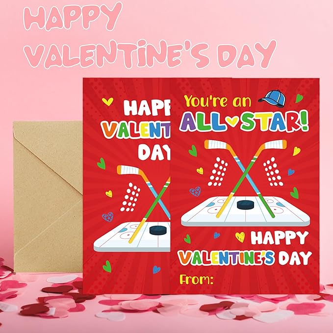 Valentine’s Day Cards for Kids Classroom, 36 Pcs Hockey Valentines Exchange School Set with Envelopes Heart Stickers, Sports Valentine Cards for Boys Girls Party Favors Gifts Exchange