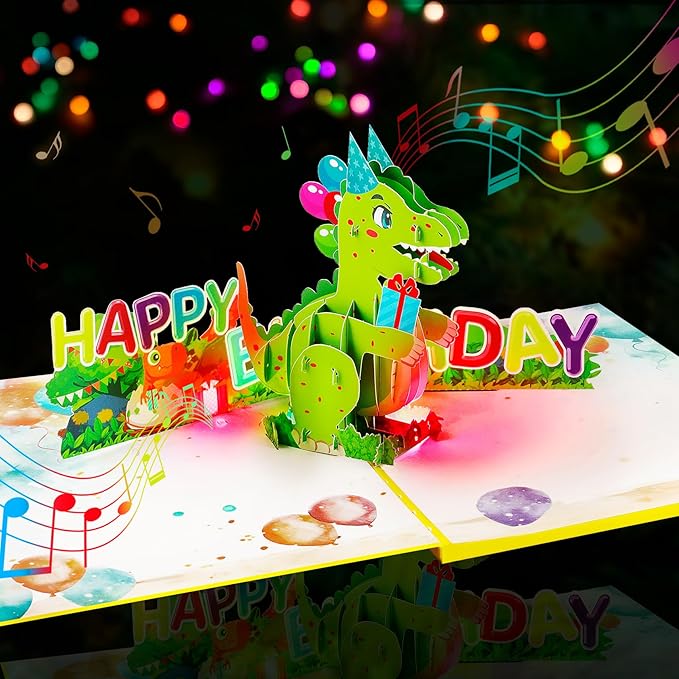 GREETING ART Dinosaur Musical Birthday Cards for Kids, Light & Music Pop Up Birthday Cards with Envelope, Dinosaur Theme Birthday Party Gifts for Son Grandson Women Men