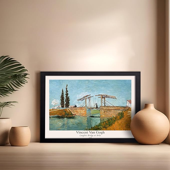 Monem Art Vintage Van Gogh Poster - Retro Langlois Bridge at Arles Print - Impressionism Art - Landscape Art - Fine Art - Classic Painting Art - Bedroom or Office Decor - 16x20 Black Framed