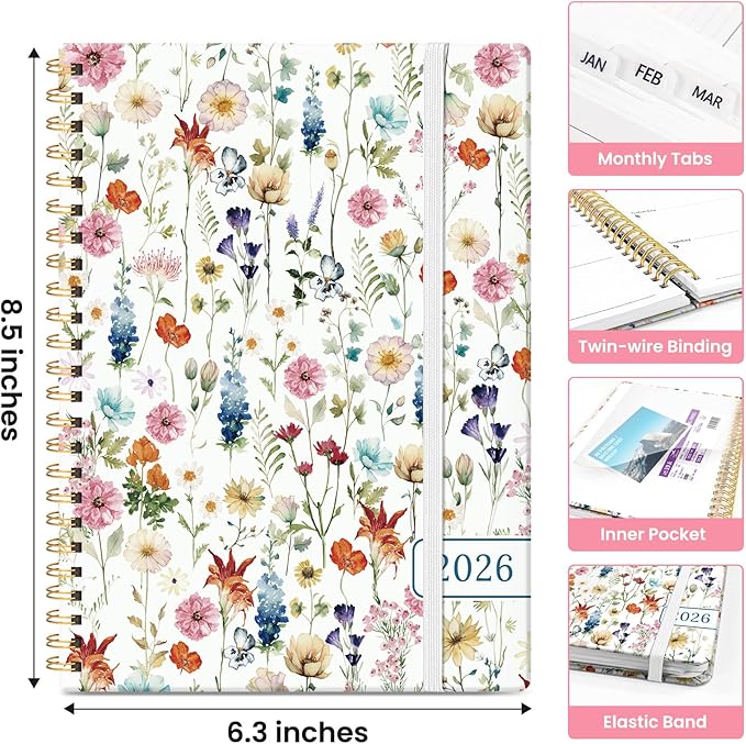 Taja Planner Jan 2026 - Dec 2026, Hardcover Weekly & Monthly Calendar Planner/Planning Agenda Book for Women with Tabs & Inner Pocket, Spiral Bound for School/Office Supplies, Wildflowers, 6.3" x 8.5"