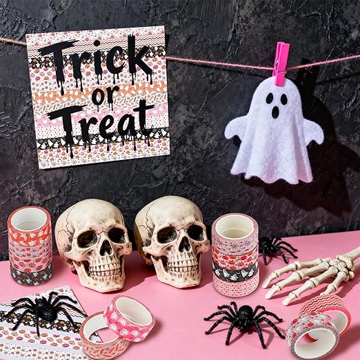 12 Rolls Halloween Washi Tape, Cute Ghost Pumpkin Spiders Masking Tape Boho Holiday Decorative Tapes Set for Scrapbooking, DIY Crafts, Party Decor 16.4FT