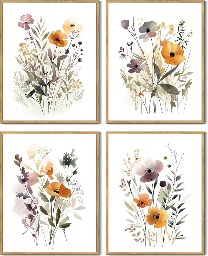 Drsoum Wildflower Bouquet Boho Framed Wall Art Wooded Minimalist Aesthetic Botanical Flower Prints Modern Plants Bathroom Kitchen Home Decor Ready to Hang 8x10inx4pcs (Natural Framed)