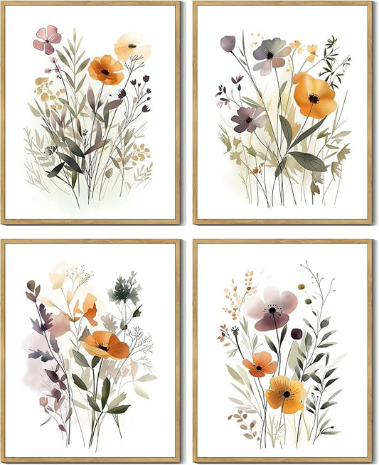Drsoum Wildflower Bouquet Boho Framed Wall Art Wooded Minimalist Aesthetic Botanical Flower Prints Modern Plants Bathroom Kitchen Home Decor Ready to Hang 8x10inx4pcs (Natural Framed)