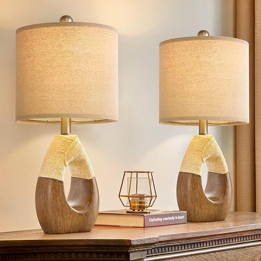 OYEARS Boho Table Lamps Bedroom Living Room Set 2,Suitable for Small Space,Farmhouse RattanTable Lamp 19”Rustic Egg Design Resin Light Decoration,Nightstand Bedside Lamps for Office Study Rest