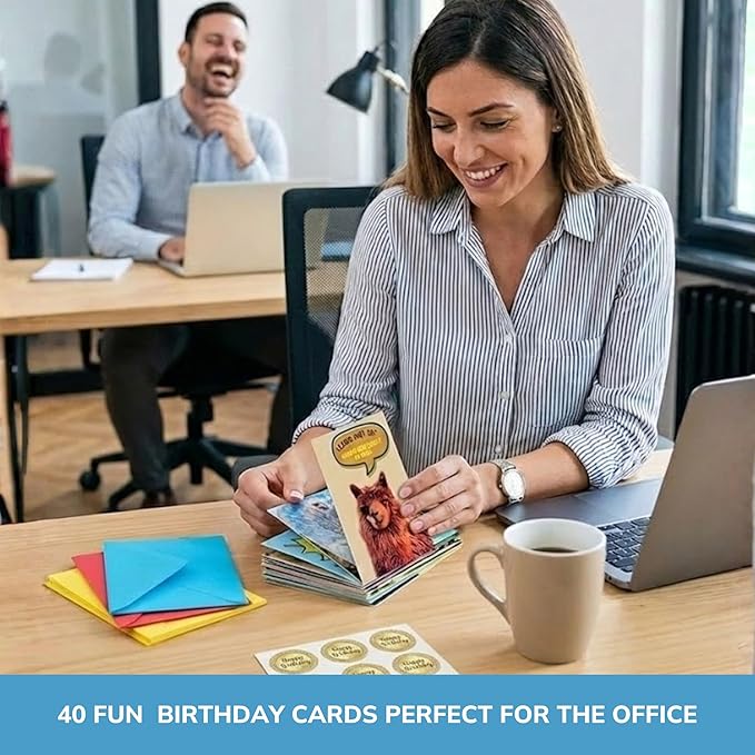 Imperial Designs 40 Pack Funny Punny Birthday Cards with Envelopes and Stickers - 20 Unique Designs - for Kids, Office, Teachers - Assorted Bulk Animal Birthday Cards (Medium, 4x6'', Blank Inside)