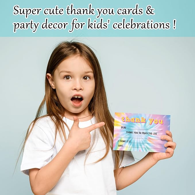 Tie Dye Kids Thank You Cards, Colorful Thank You Card For Baby Shower Birthday Party, Kids Birthday Cards Fill In The Blank, 20 Pack Cute Greeting Cards With Envelopes For Boys And Girls, 011