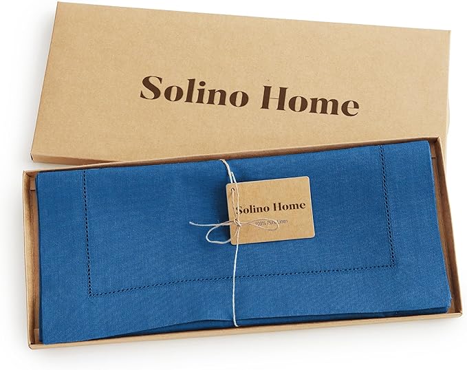 Solino Home Linen Indigo Blue Table Runner 132 Inches Long - 100% Pure Linen Extra Long Table Runner 14 x 132 Inch for Winter, Spring, Easter - Classic Hemstitch