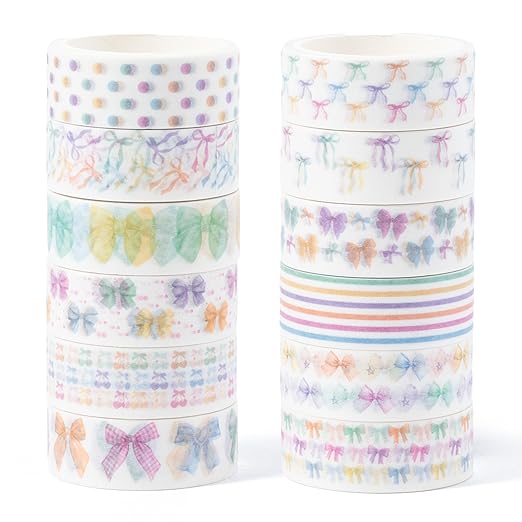 Watercolor Bow Washi Tape - 12 Rolls Pastel Preppy Aesthetic Decorative Acid Paper for Scrapbook, Journal Decor, Gift Wrapping, Photo Albums & DIY Crafts, Residue Free Easy Tear Adhesive